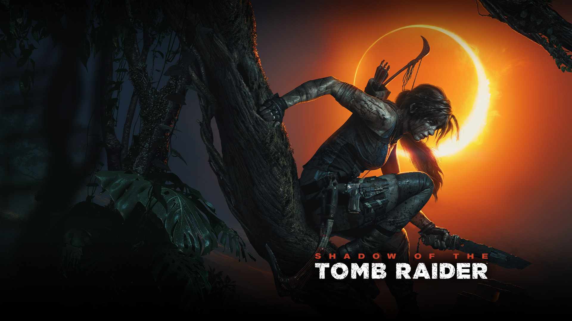 Shadow of the Tomb Raider, Lara Croft sits on a tree branch while holding a knife with an Eclipse in the background