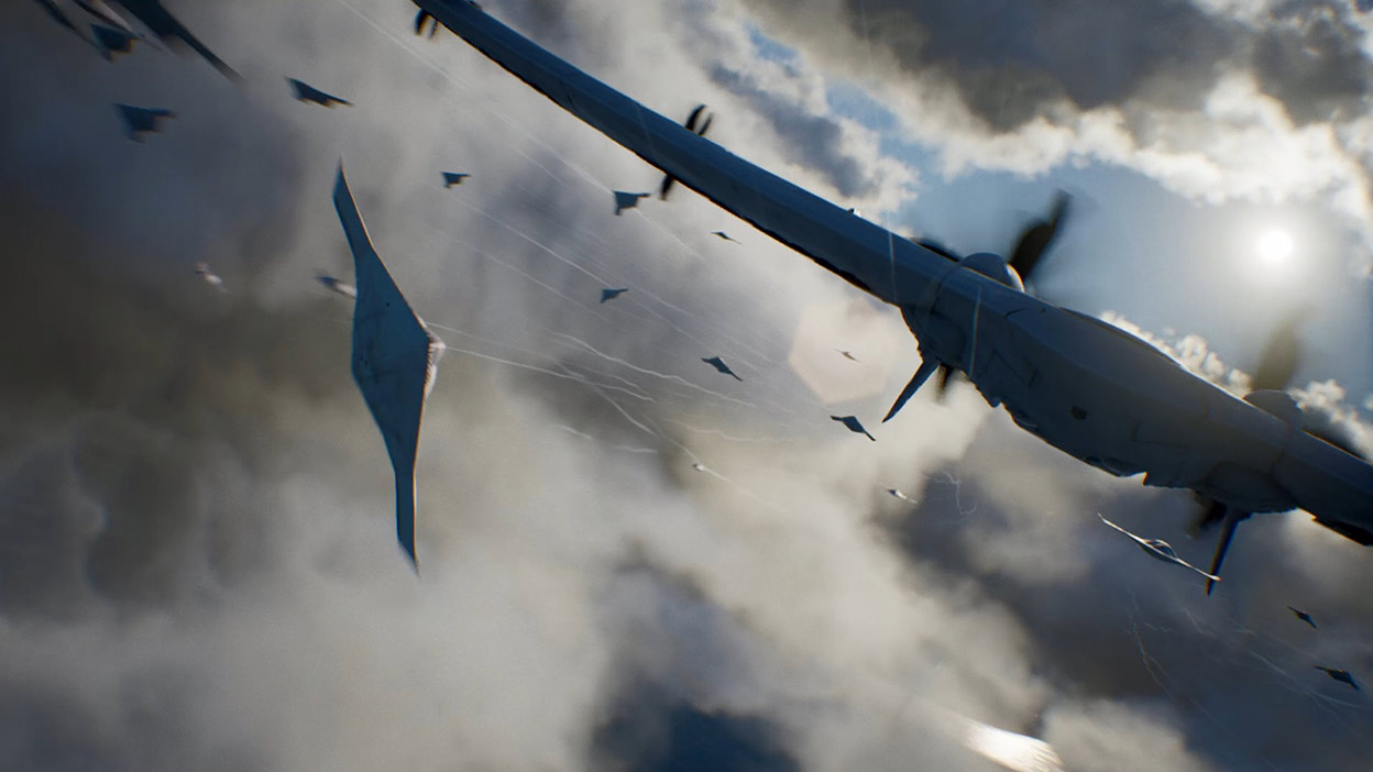 Gevechtsvliegtuigen gaan de strijd aan in de wolken.